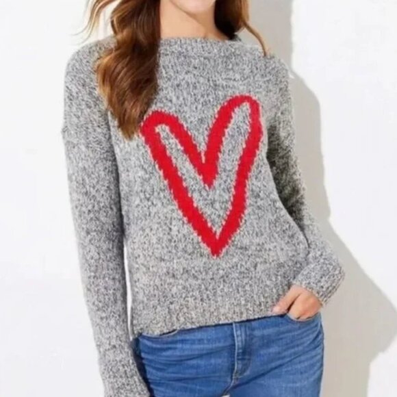 Loft Women’s Crewneck Marled White & Gray Sweater with Red Heart Design - Picture 1 of 9